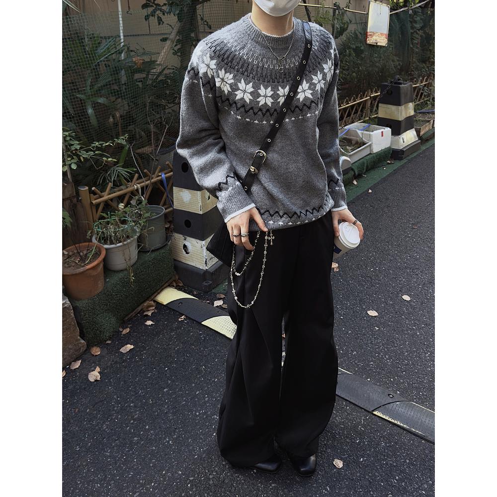 秋冬穿搭慵懒松弛感假两件毛衣男女费尔岛灰色圆领提花针织衫外套