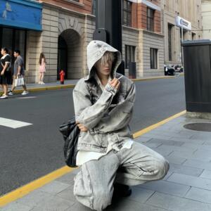 春秋美式拉链连帽牛仔夹克外套男士套装做旧解构廓形拖地牛仔裤男