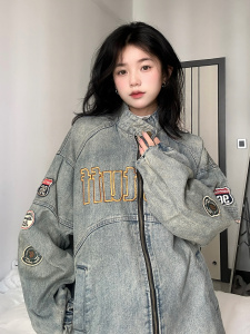 刺绣立领牛仔外套男女2023春秋款美式复古做旧重工宽松夹克男外衣