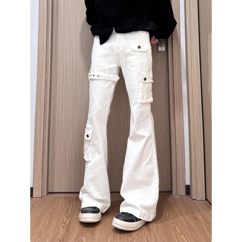 美式高街vibe绑带微喇牛仔裤男夏季显瘦微弹工装直筒白色长裤男生