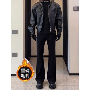 秋冬加绒毛呢cleanfit弯刀微喇西裤男款黑色显瘦裤子休闲直筒裤男