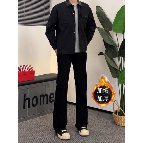 秋冬季黑色517柳叶弯刀加绒牛仔裤男美式高街水洗显瘦微喇直筒裤