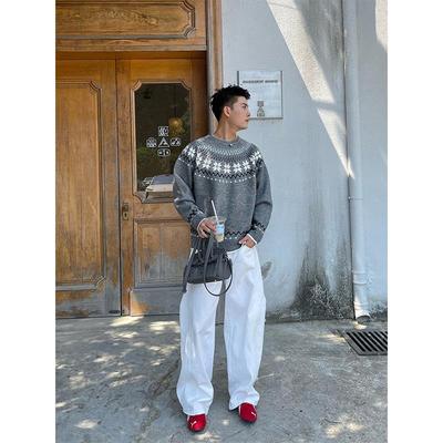 费尔岛灰色圆领提花针织衫外套男款秋冬穿搭慵懒松弛感假两件毛衣