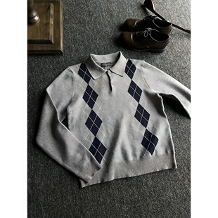 miu系菱形格polo领毛衣男秋季老钱风提花针织衫美式复古长袖上衣