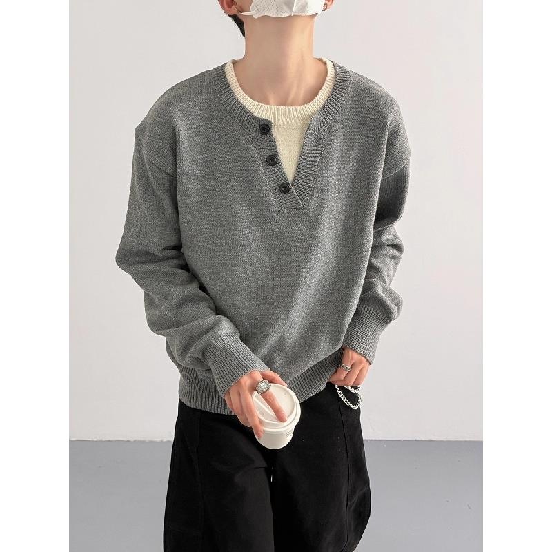 韩版老钱风亨利领假两件针织衫男秋冬新款宽松休闲百搭灰色毛衣男