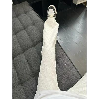 白色提花微喇牛仔裤男款秋季痞帅高级感裤子美式高街菱形格直筒裤