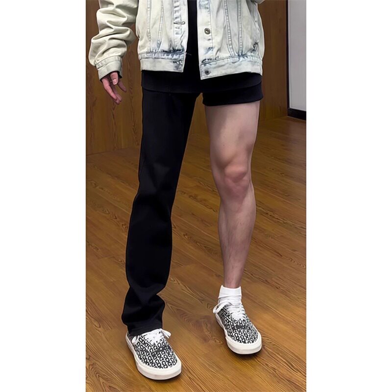 黑色薄款弯刀微喇牛仔裤男夏季显瘦显腿长裤子腿粗屁股大直筒裤子