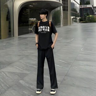 黑色微喇牛仔裤男款夏季薄款垂坠感宽松百搭直筒裤青少年弯刀裤子