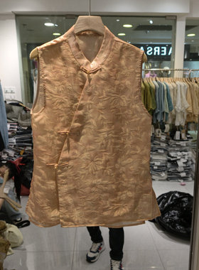 涉宿60350-3新中式风立领盘扣提花人丝马甲复古百搭显瘦坎肩上衣