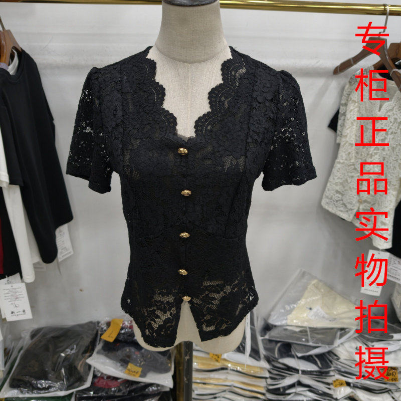 妃亿飞5820优雅风黑色蕾丝短袖T恤女V领纽扣修身显瘦上衣
