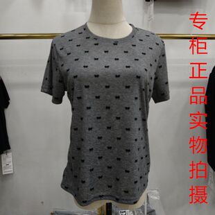 衣然风8230蝴蝶结印花短袖 上衣 T恤女灰色圆领宽松显瘦薄款