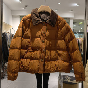 雅琪娜Q102时尚百搭灯芯绒翻领单排扣短款羽绒服女冬季外套