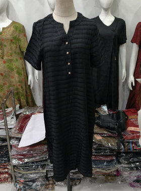 梦典衣橱6802休闲V领针织连衣裙短袖纽扣中长裙气质洋气黑色裙子