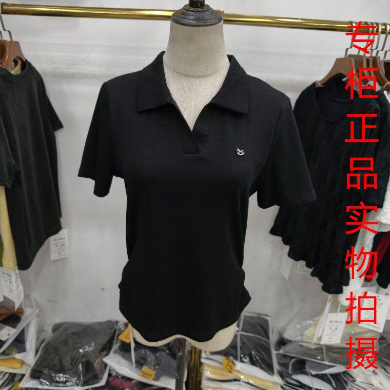 鸿潮8237韩版黑色翻领短袖T恤女修身显瘦百搭休闲简约上衣高级感