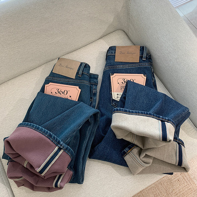 筷子腿窄版加绒牛仔裤女秋冬季2025新款显瘦四面弹保暖直筒裤长裤