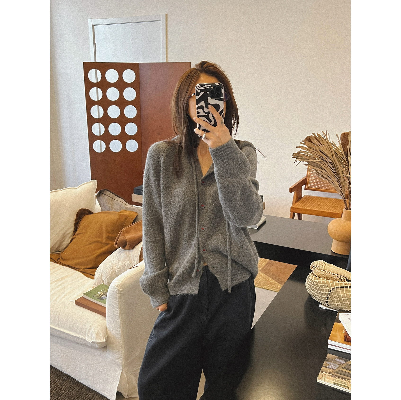 简约兔毛混纺女士 柔软拉绒长袖开衫式连帽毛衣秋冬上衣