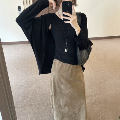 秋季女装高级感假两件斗篷袖解构通勤百搭针织长袖T恤