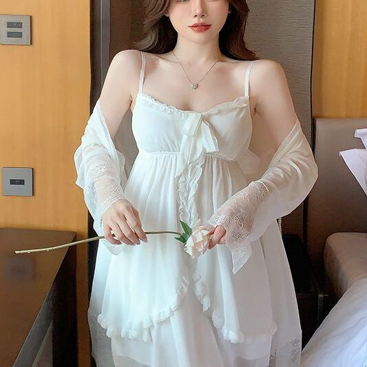 胖mm200斤可爱性感吊带睡袍套装大码仙女网纱蕾丝显瘦家居服睡衣