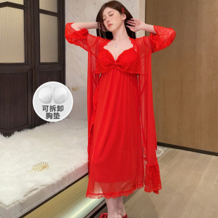 红色吊带睡裙女网纱性感浴袍睡袍蕾丝披肩睡衣带胸垫两件套仙女裙