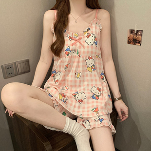 甜美日系无袖 棉绸凉感吊带短裤 家居服 带胸垫睡衣女夏季 2026年新款