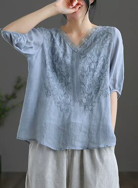宽松苎麻V领薄款棉麻上衣