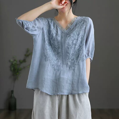 宽松苎麻V领薄款棉麻上衣