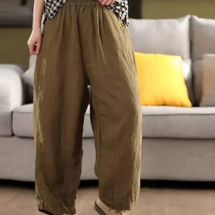 复古敦实100%纯亚麻休闲裤女立体拼接哈伦裤重工内里包边显瘦长裤