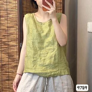 夏季原创文艺圆领纯色背心宽松显瘦百搭T恤衫亚麻无袖上衣女