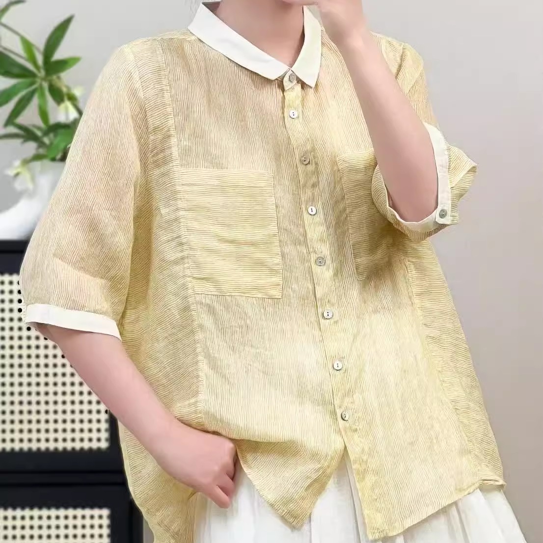 100%苎麻衬衫女气质显瘦上衣