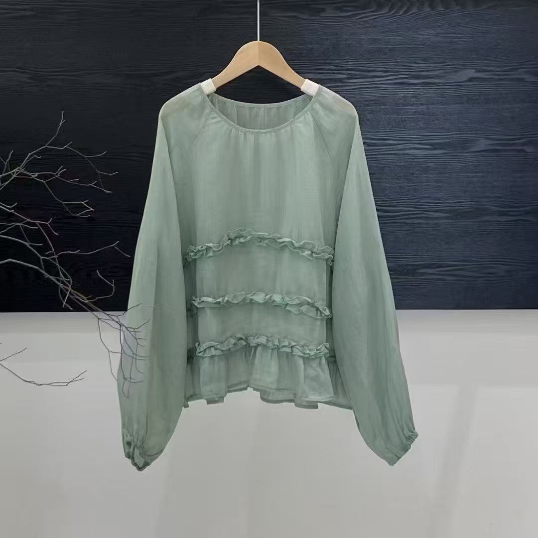 原创100%苎麻衬衫女木耳花边圆领宽松套头百搭纯色轻薄慵懒风上衣
