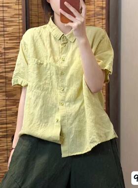 原创高品质复古亚麻黄色衬衫女夏季新款短袖百搭上衣翻领薄款麻衫