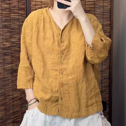 夏季新款纯色100%亚麻圆领衬衫女文艺休闲气质百搭单排扣T恤上衣