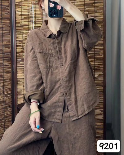 宽松文艺单排扣长袖亚麻气质衬衫