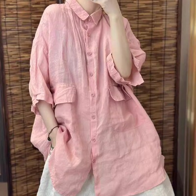 100%苎麻大口袋衬衫女防晒上衣