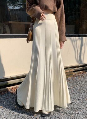 175高个子针织半身裙2025秋冬女新款长裙长款高腰a字百褶大摆伞裙