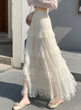 蕾丝拼接白色半身裙2026新款蛋糕纱裙长裙夏季轻奢高级感女伞裙子