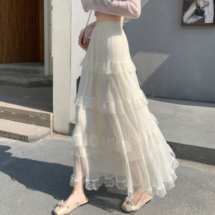 蕾丝拼接白色半身裙2026新款蛋糕纱裙长裙夏季轻奢高级感女伞裙子