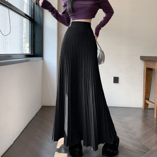 高个子黑色针织百褶半身裙子女2025冬季 a字伞裙长裙 高腰大摆长款