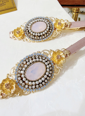 韩国进口Aron·s原石边夹鸭嘴夹设计款粉钻珍珠刘海夹复古宫廷风
