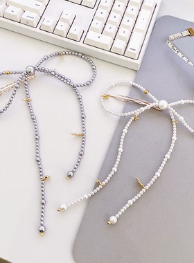 韩国进口GIL手工珍珠流苏甜美镂空飘带蝴蝶结垂坠金珠点缀一字夹