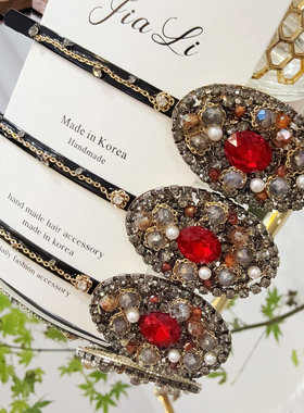 韩国东大门Ruby原石手工一字夹女发夹红色锆石气质宝石红边夹轻奢