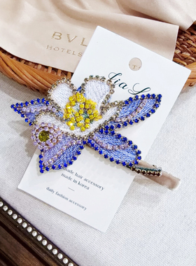 佳丽韩国代购Senno手工刺绣串珠紫色花朵鸭嘴夹水钻优雅气质小众