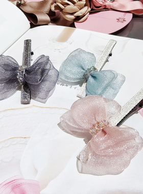 JIALI韩国TAURUS网纱蝴蝶结发夹女公主风S水晶钻施华鸭嘴夹侧边夹