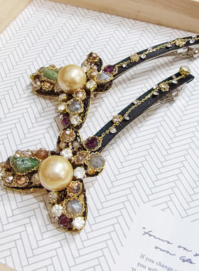 佳丽韩国代购Ruby复古原石镶钻蝴蝶结发夹女珍珠水钻侧边夹弹簧夹