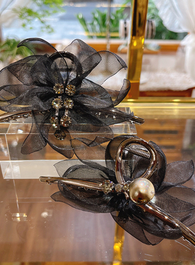 JIALI韩国小哥家代购B·GANA烧边欧根纱花朵珍珠水晶抓夹鲨鱼夹