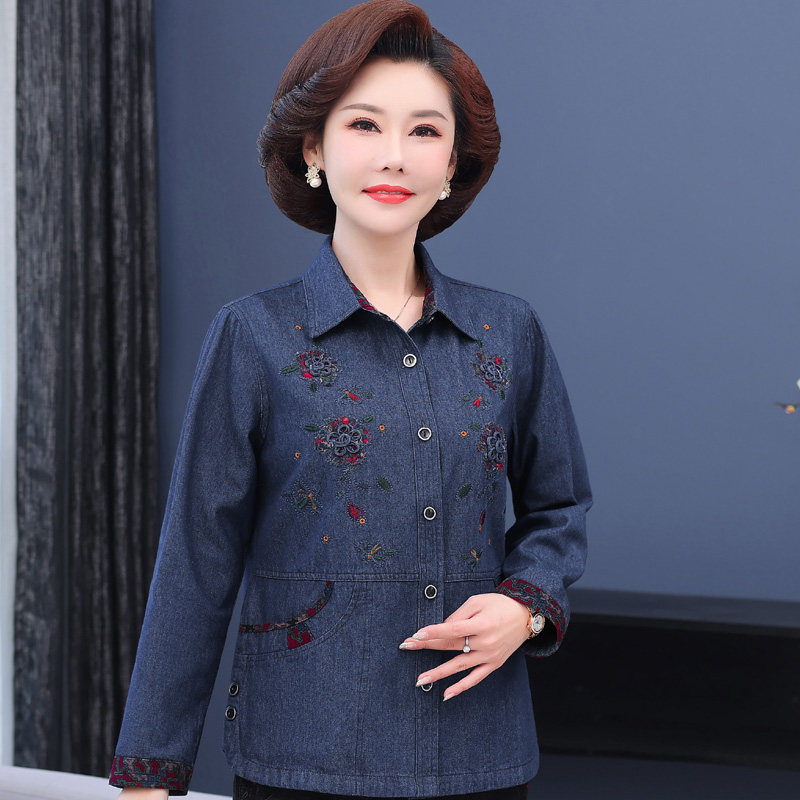 妈妈春秋纯棉长袖衬衫牛仔中老年夏女50-60岁老年人全棉衬衣女