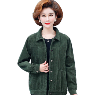 中老年女春秋纯棉外套老人条绒风衣加大码中年灯芯绒全棉夹克妈妈