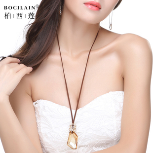 新精致闪亮奥地利水晶项链吊坠皮绳韩版长款款潮气质高级毛衣链女