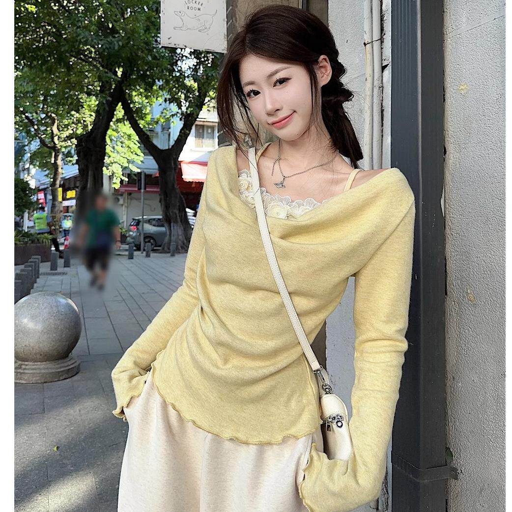 假两件一字肩长袖T恤女2026年春季新款显瘦收腰内搭上衣打底衫潮