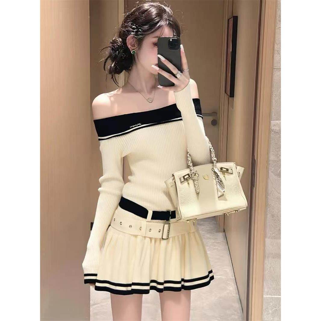 一字肩针织连衣裙子女2026春季新款超好看修身显瘦百搭长袖短裙女